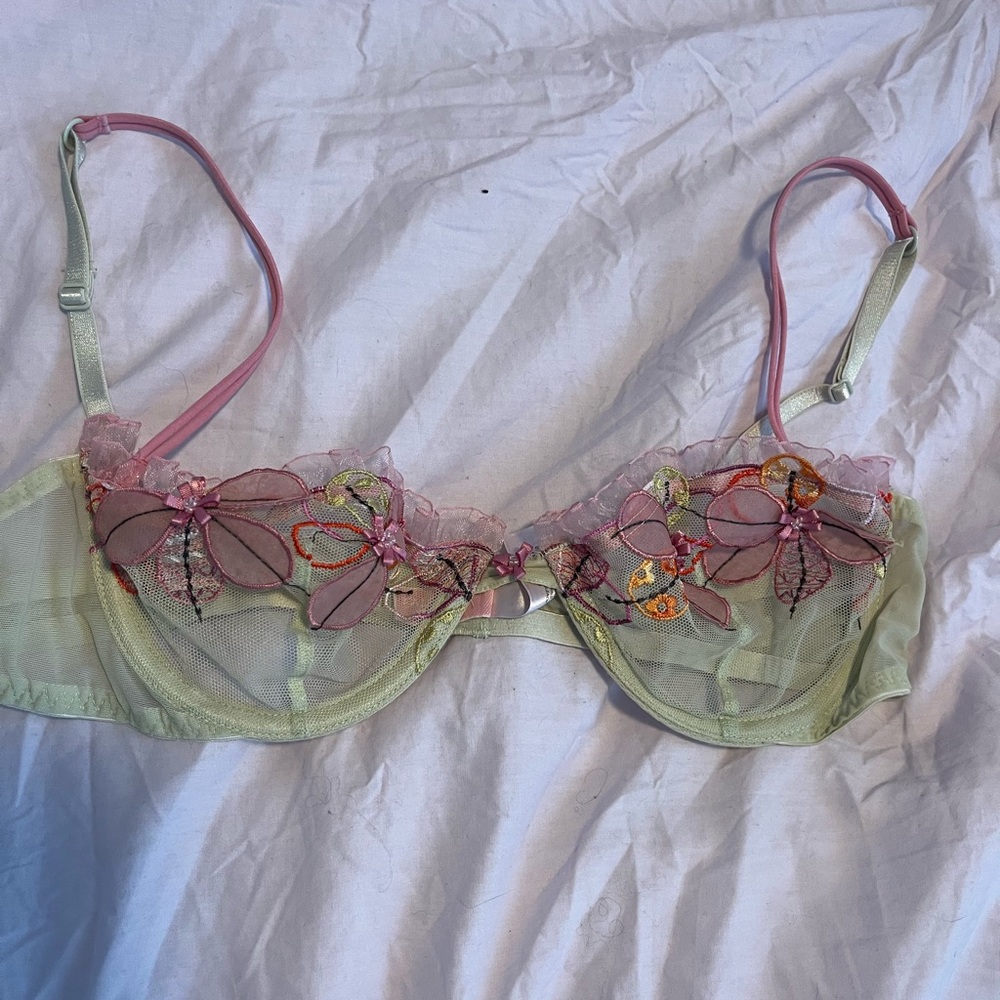 Floral Embroidered Bra - Pink and Green